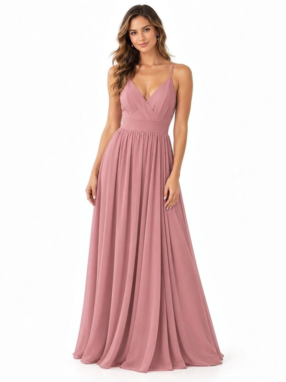 Azazie Dusty Rose Mauve Chiffon V-Neck Maxi Bridesmaid Dress Size 6